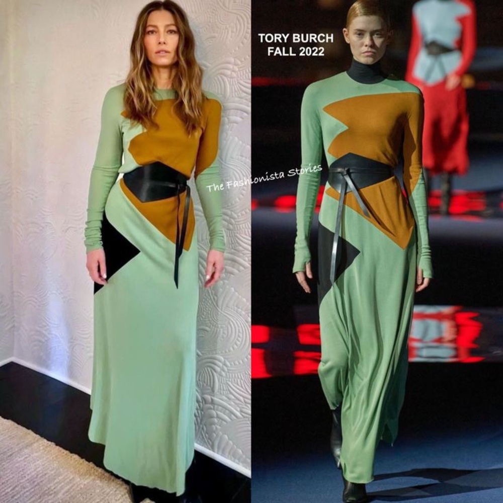 Tory Burch Colorblock Honeycomb Jersey Dress as seen on Jessica Biel
